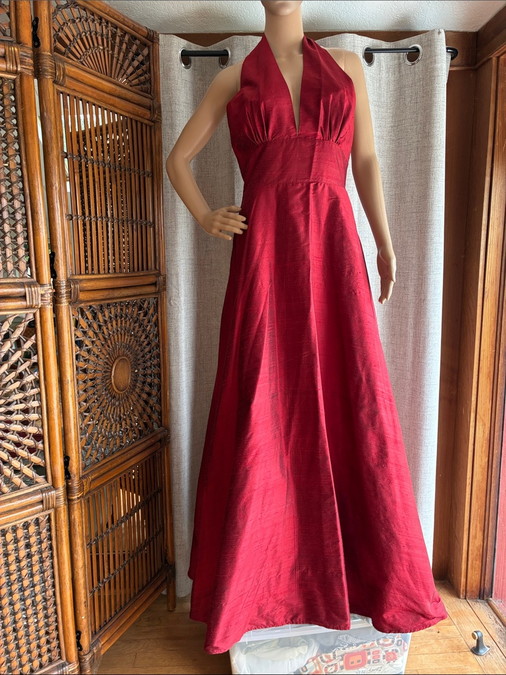 Rae Silk Red Halter Gown Dress with Deep V Neck